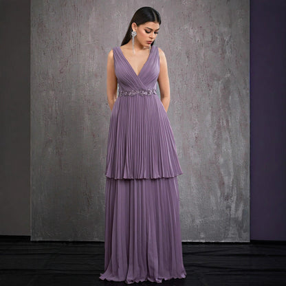 v neck pleated sleeveless maxi dress in purple