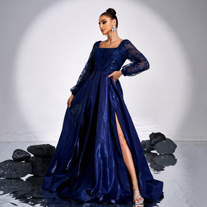 Long-sleeved square-neck sequined maxi dress