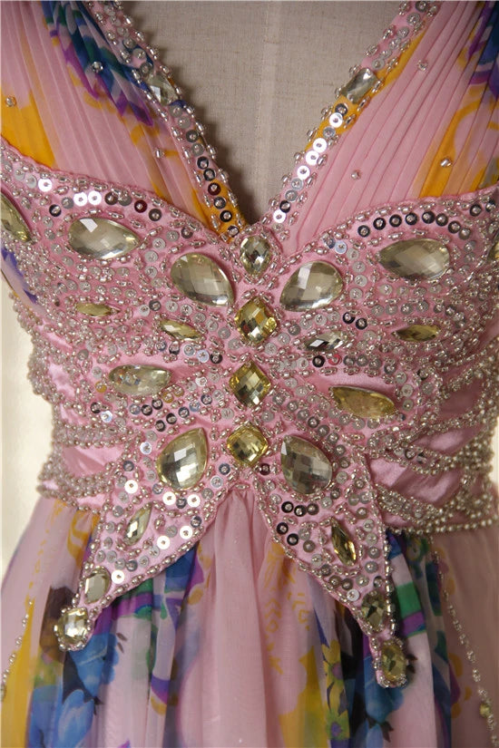 Pink printed open back long beaded maxi dress