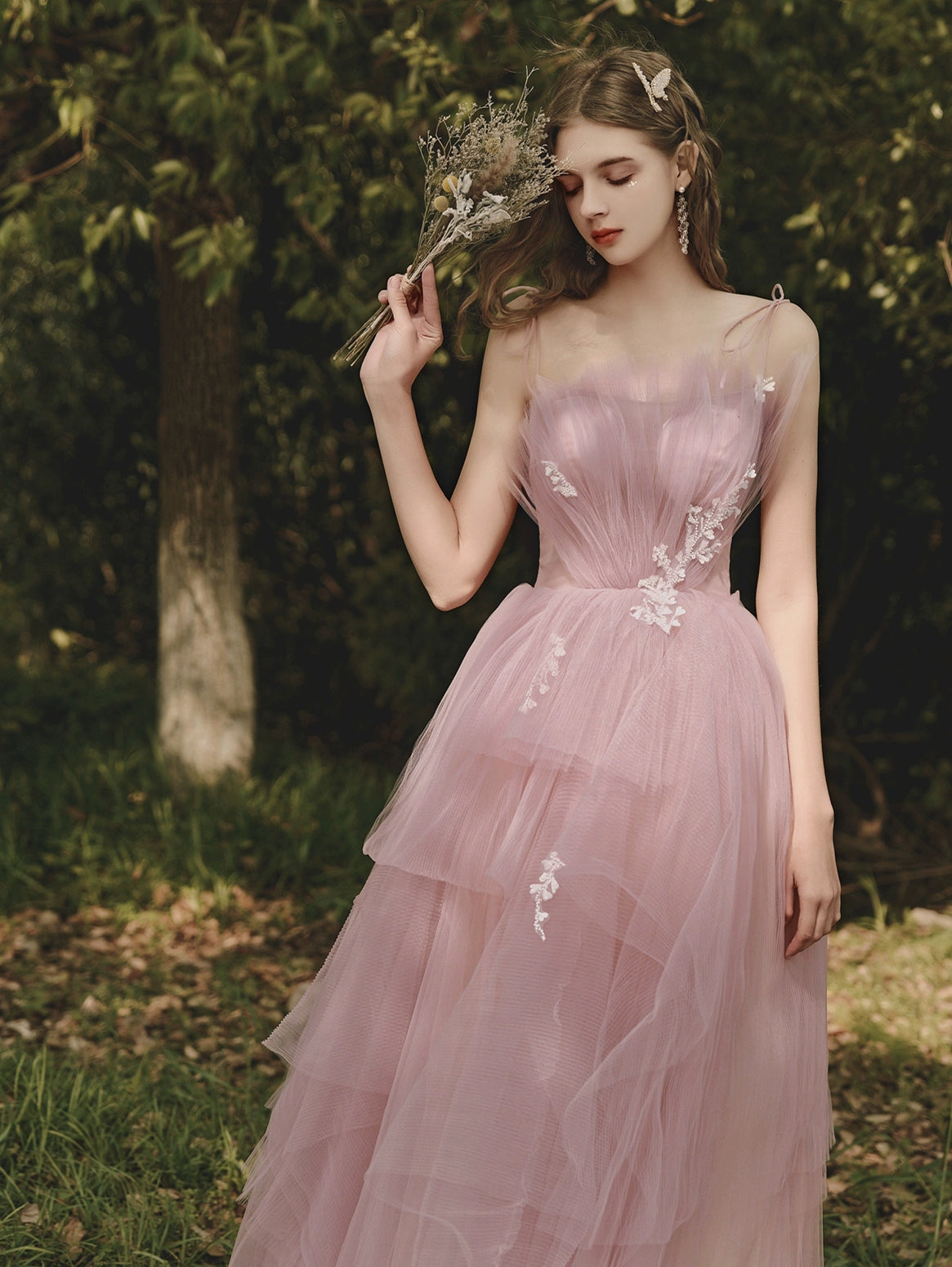 sequin floral applique tulle maxi dress in pink