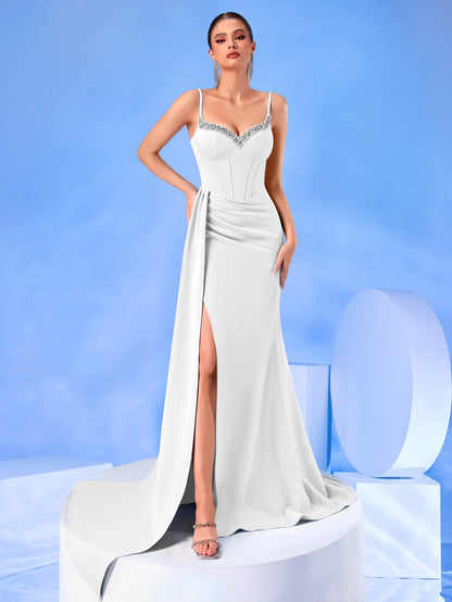 evelyn Rhinestones satin draped high slit maxi dress