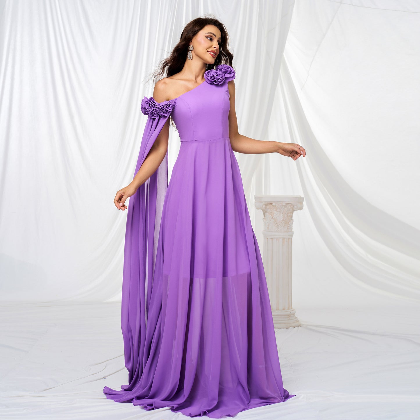 one-shoulder chiffon maxi dress in purple