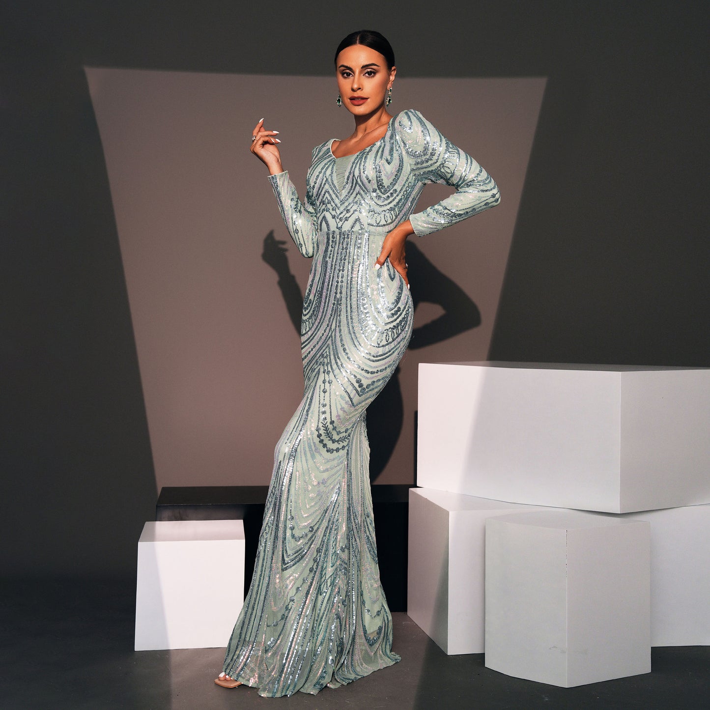 v-neck sequin detail long sleeve bodycon maxi dress