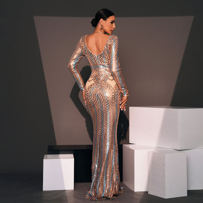 Sequin patern bodycon maxi dress in rose gold