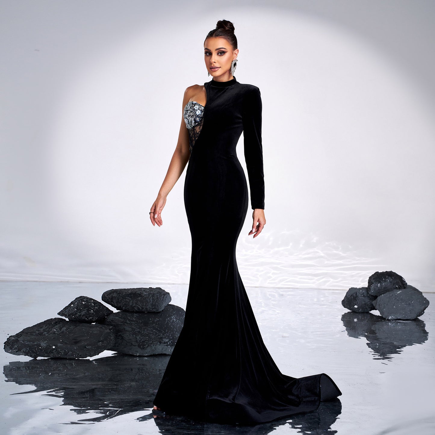 one-shoulder rhinestone detail cutout maxi dress in black