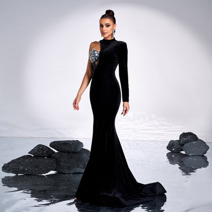 one-shoulder rhinestone detail cutout maxi dress in black