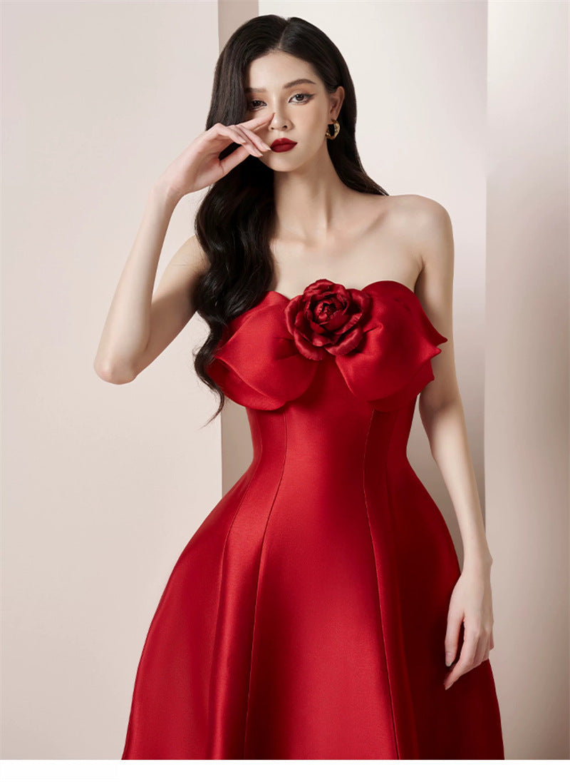 mignon 3d flower satin strapless midi dress in red