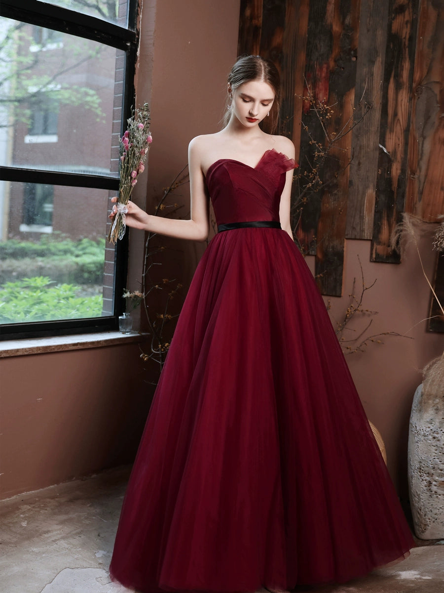 tara off-shoulder tulle maxi dress in burgundy