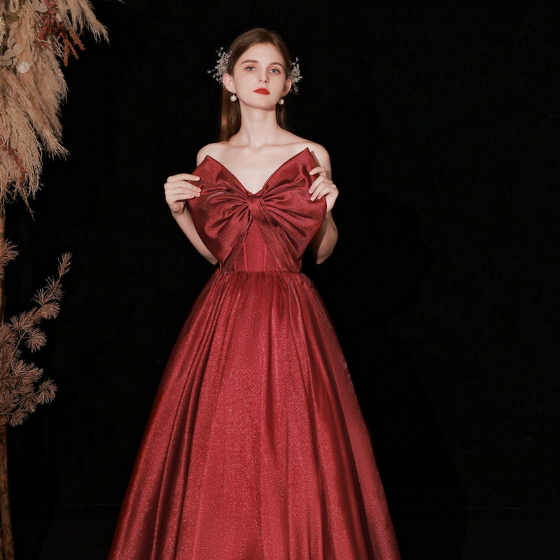 burgundy bow embellished strapless maxi dress