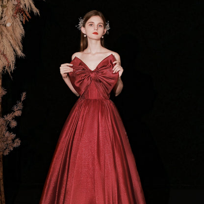 burgundy bow embellished strapless maxi dress