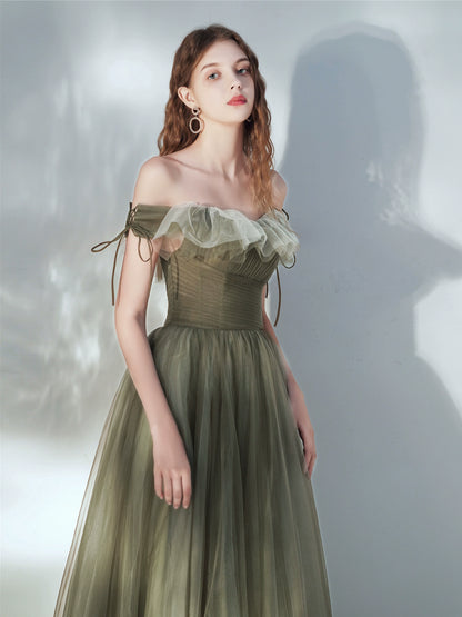 tulle ruffle strapless maxi dress in green