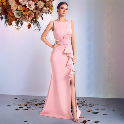 high slit Pleated evening maxi dress