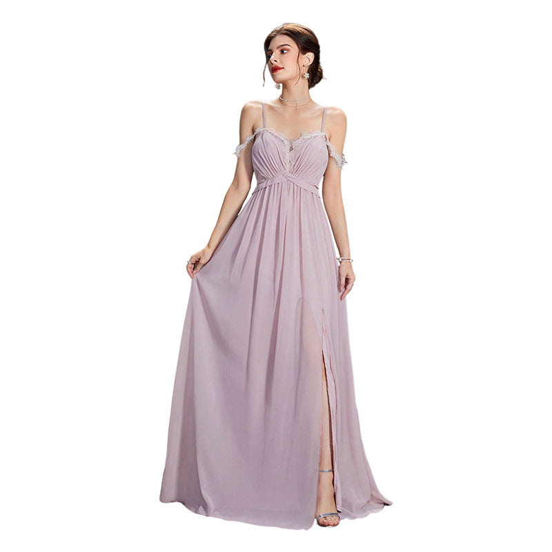 kate lace trim chiffon high slit maxi dress in pink