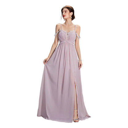 kate lace trim chiffon high slit maxi dress in pink