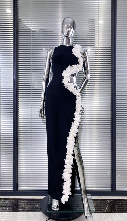 kimberley black Sleeveless Hollow Out Flowers Slit Bandage Maxi Dress