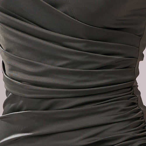 high slit strapless evening dress in olive green