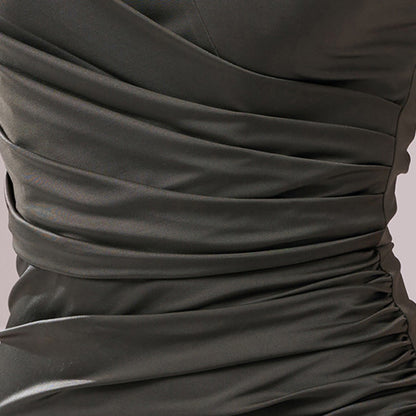 high slit strapless evening dress in olive green