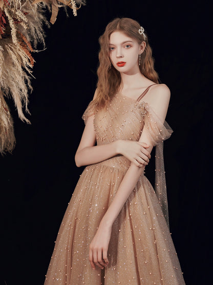 venus pearl embellished tulle maxi dress in brown