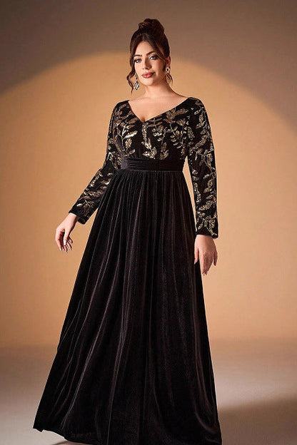 sequin floral print velvet maxi dress in black