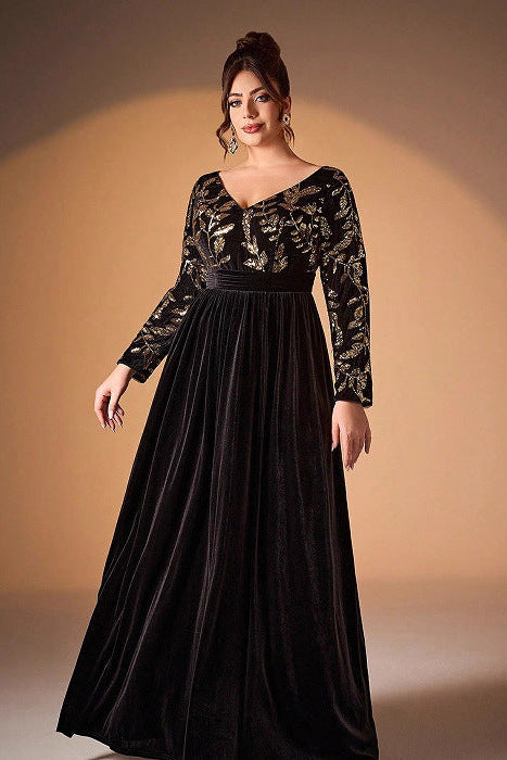 sequin floral print velvet maxi dress in black