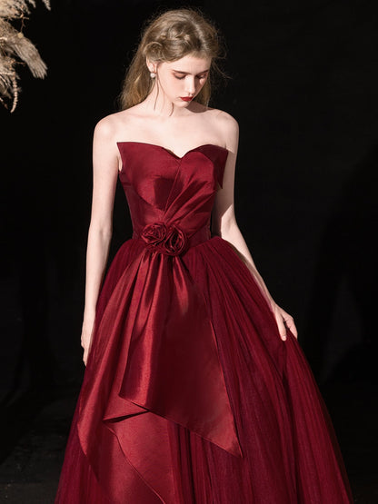off-shoulder bow satin maxi dress in Bordeaux
