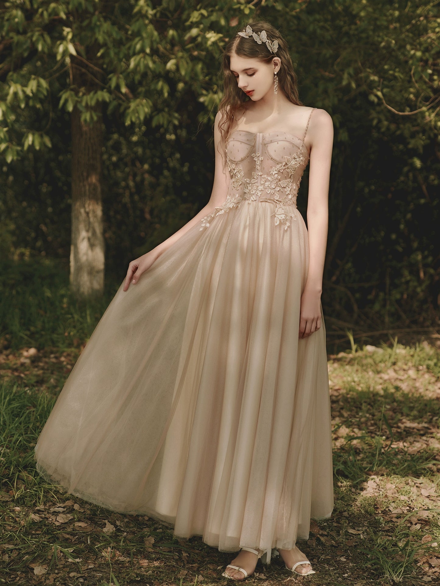 floral applique rhinestone maxi dress in champagne