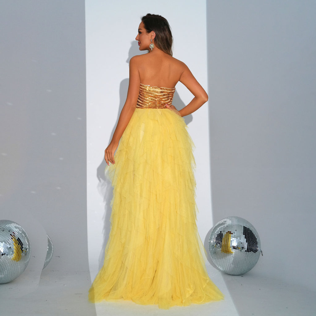 buttocks sequins tulle swing evening dress in yellow