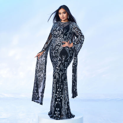 Long-sleeved round neck sequined fishtail dress
