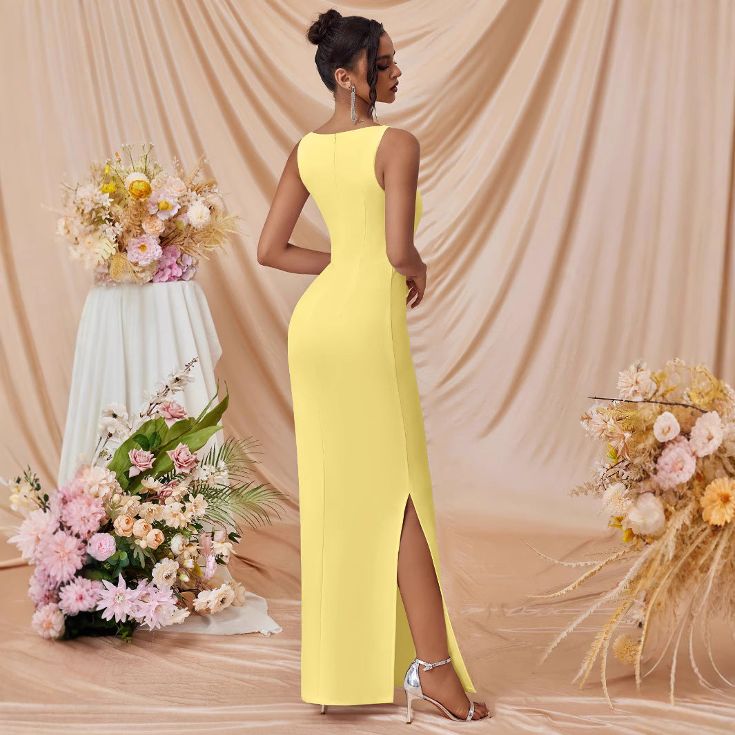 pleated Sleeveless solid color slit slim maxi dress