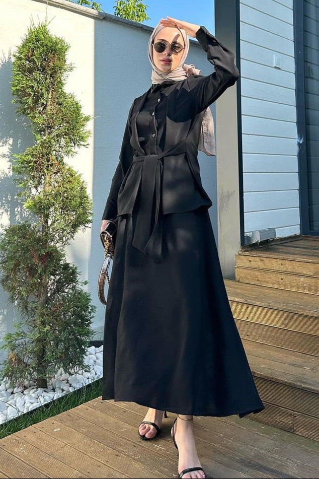 2pcs Set Long Sleeved Lace Up Shirt with Dress