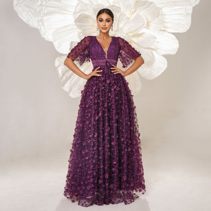 v-neck flower embroidery maxi dress in purple