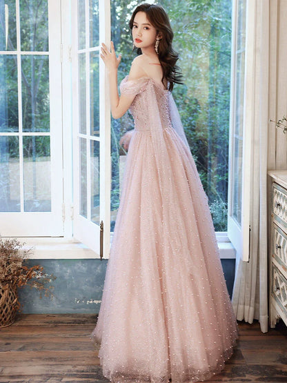 Pink one-shoulder pearl maxi tulle evening dress