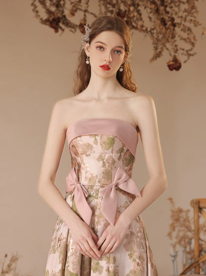 floral print strapless satin maxi dress in pink