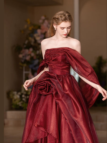 off-shoulder flower shape maxi dress in burgundy