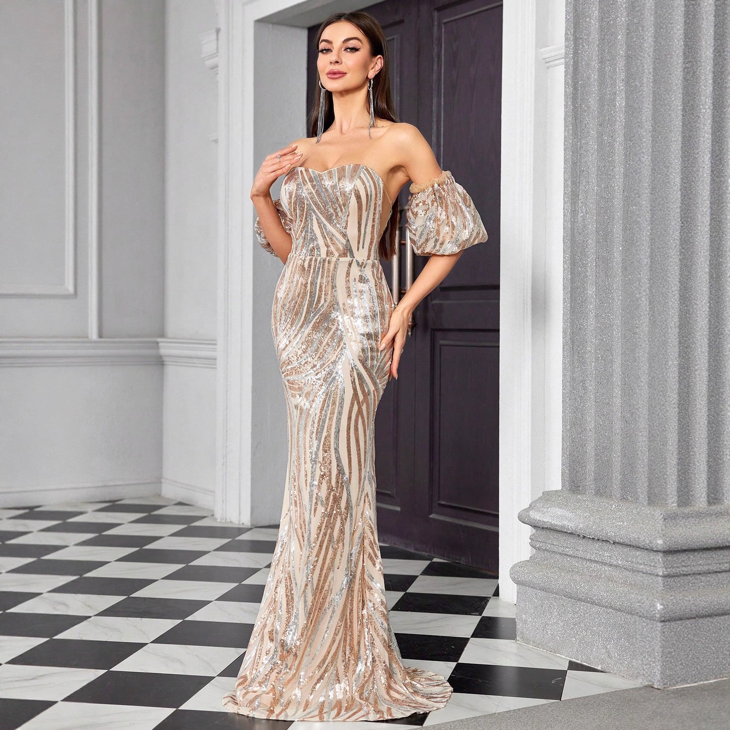 sequin stripe strapless maxi dress in champagne