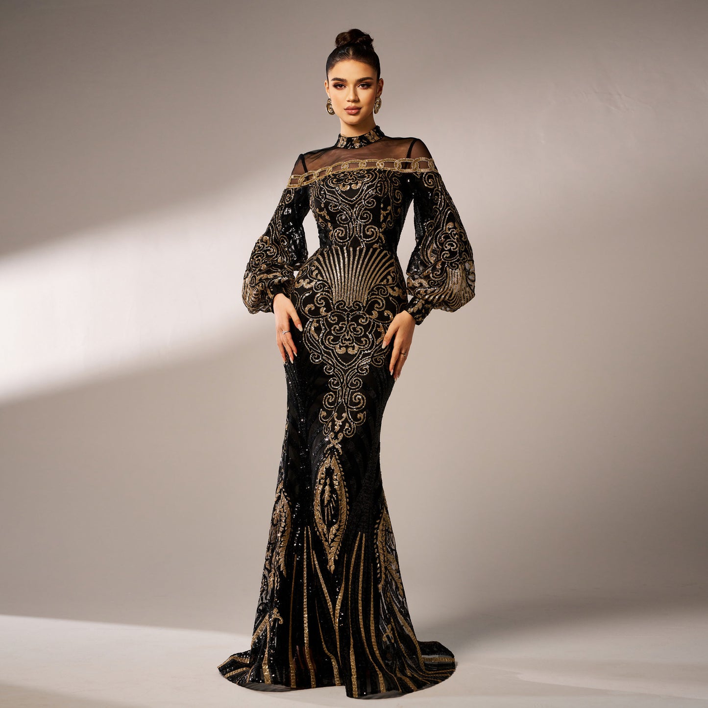 lily Round neck long sequined mesh fishtail evening dress