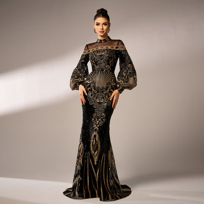 lily Round neck long sequined mesh fishtail evening dress