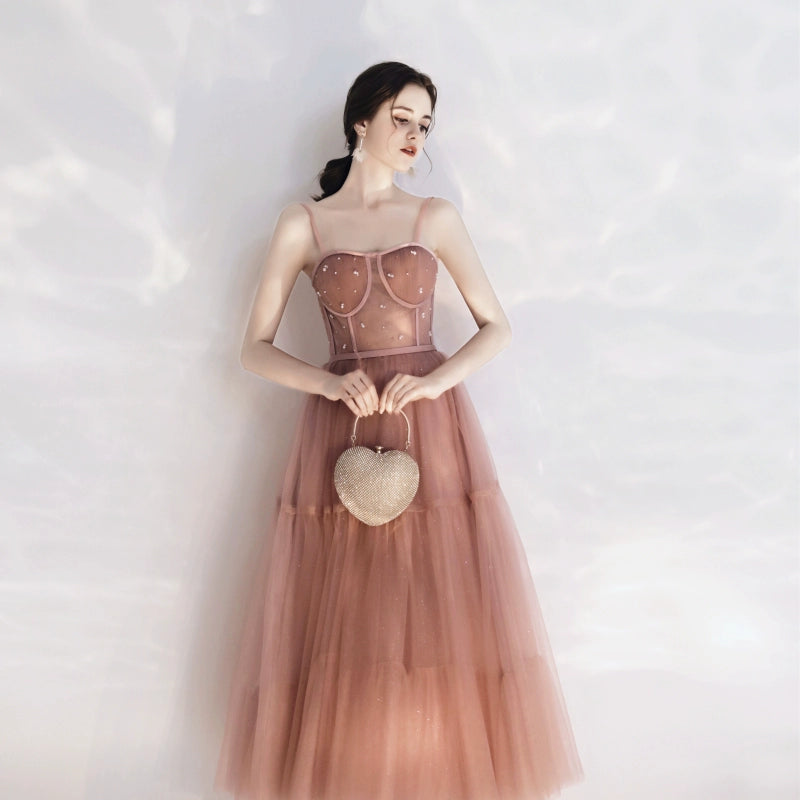 rhinestone embellished tulle midi dress in pink