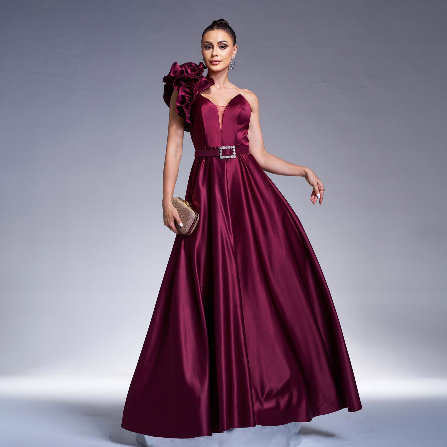 dark purple 3d flower one shoulder satin maxi dress
