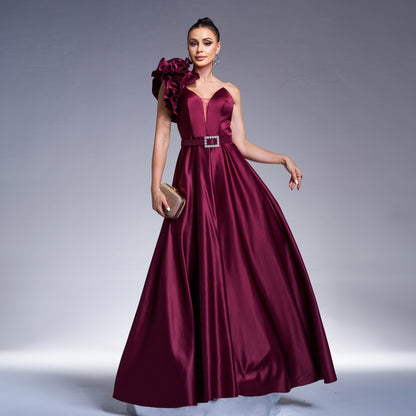 dark purple 3d flower one shoulder satin maxi dress