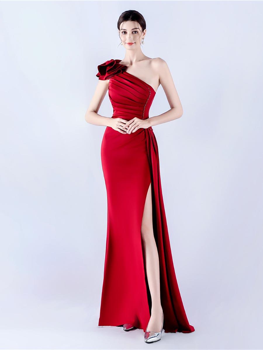 One Shoulder Flower Pleated Draped Prom Dress