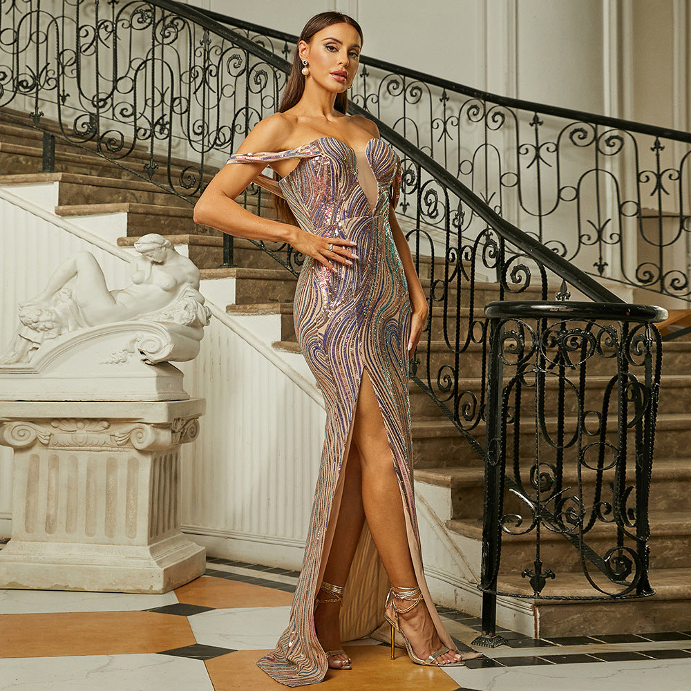 multicolor sequin stripe strapless high slit maxi dress