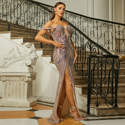 multicolor sequin stripe strapless high slit maxi dress