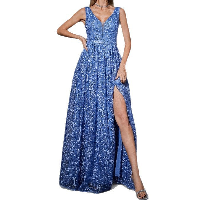 v-neck floral print sleeveless maxi dress in blue