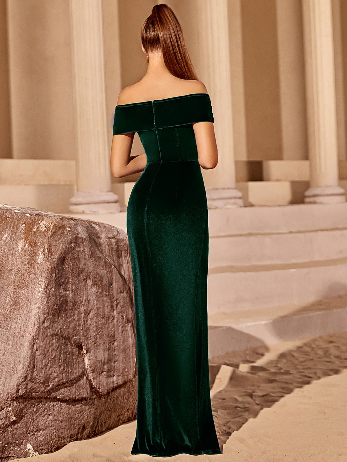 One-shoulder strapless high-slit evening dress