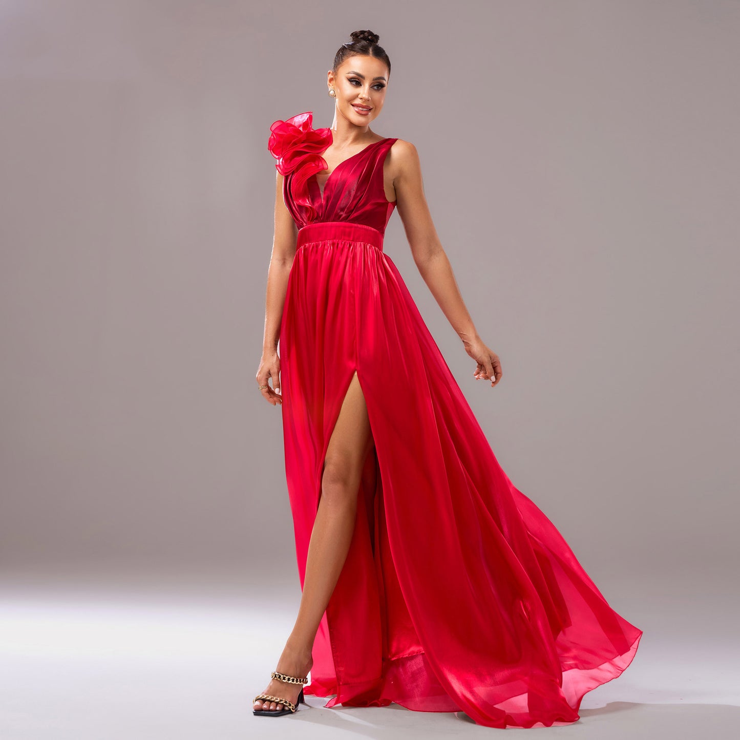 Sleeveless V-neck floral hip-hugging slit dress - red