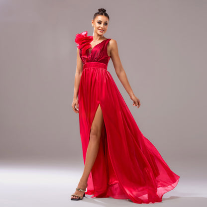 Sleeveless V-neck floral hip-hugging slit dress - red