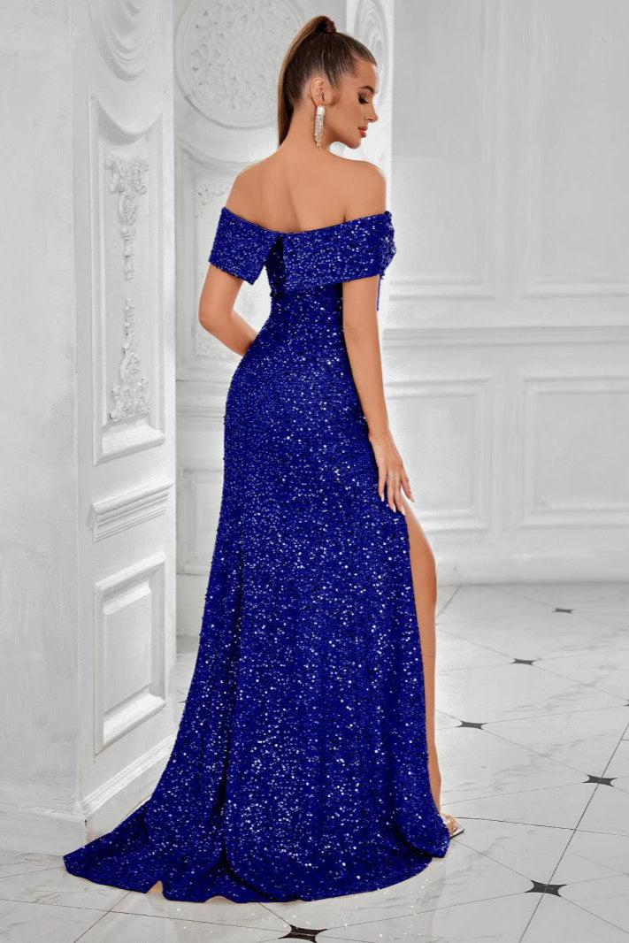 banquet one-line neck slim slimming sequin dress long skirt