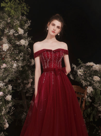 lily off-shoulder sequin maxi dress in Claret
