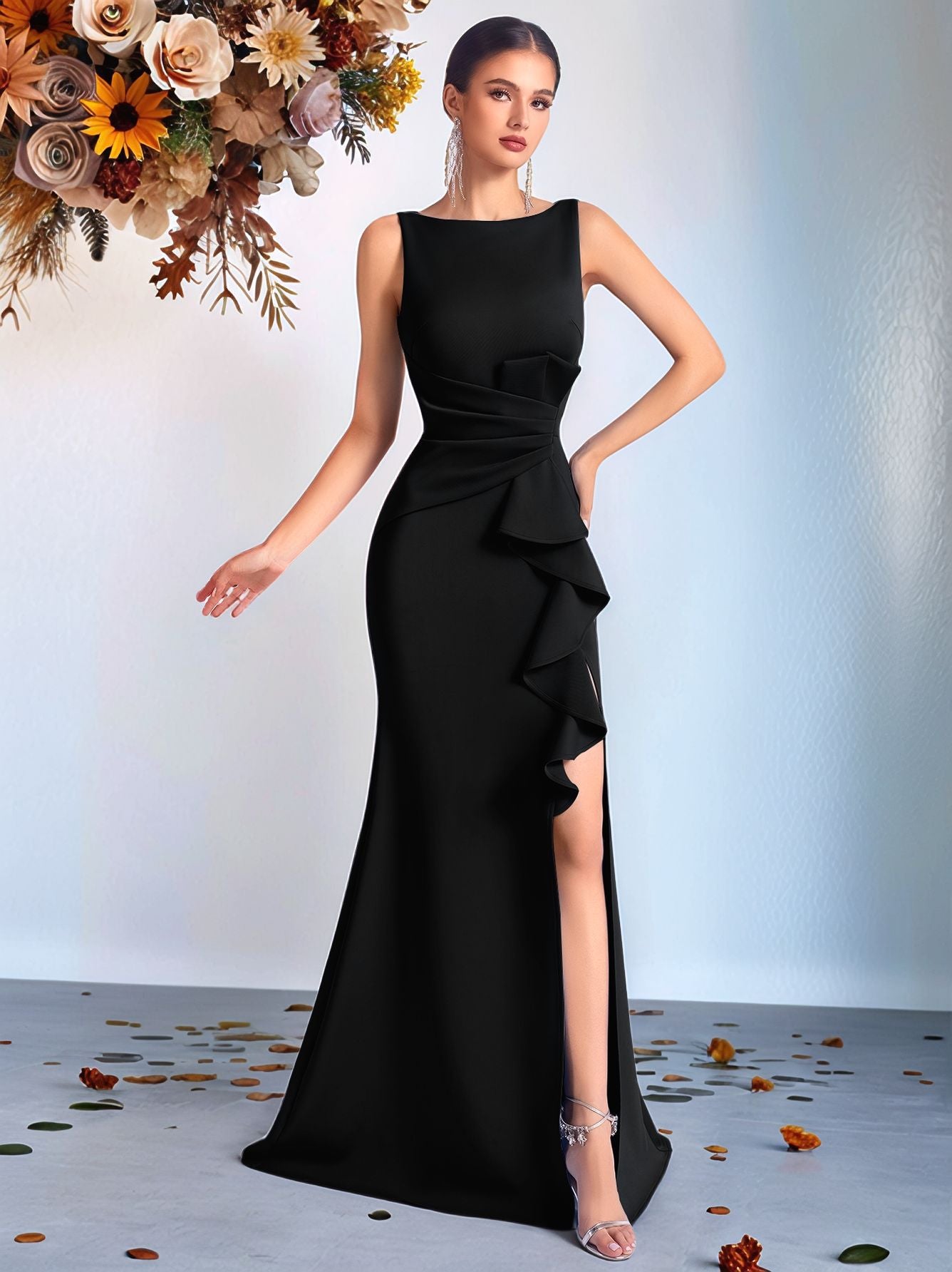 high slit Pleated evening maxi dress